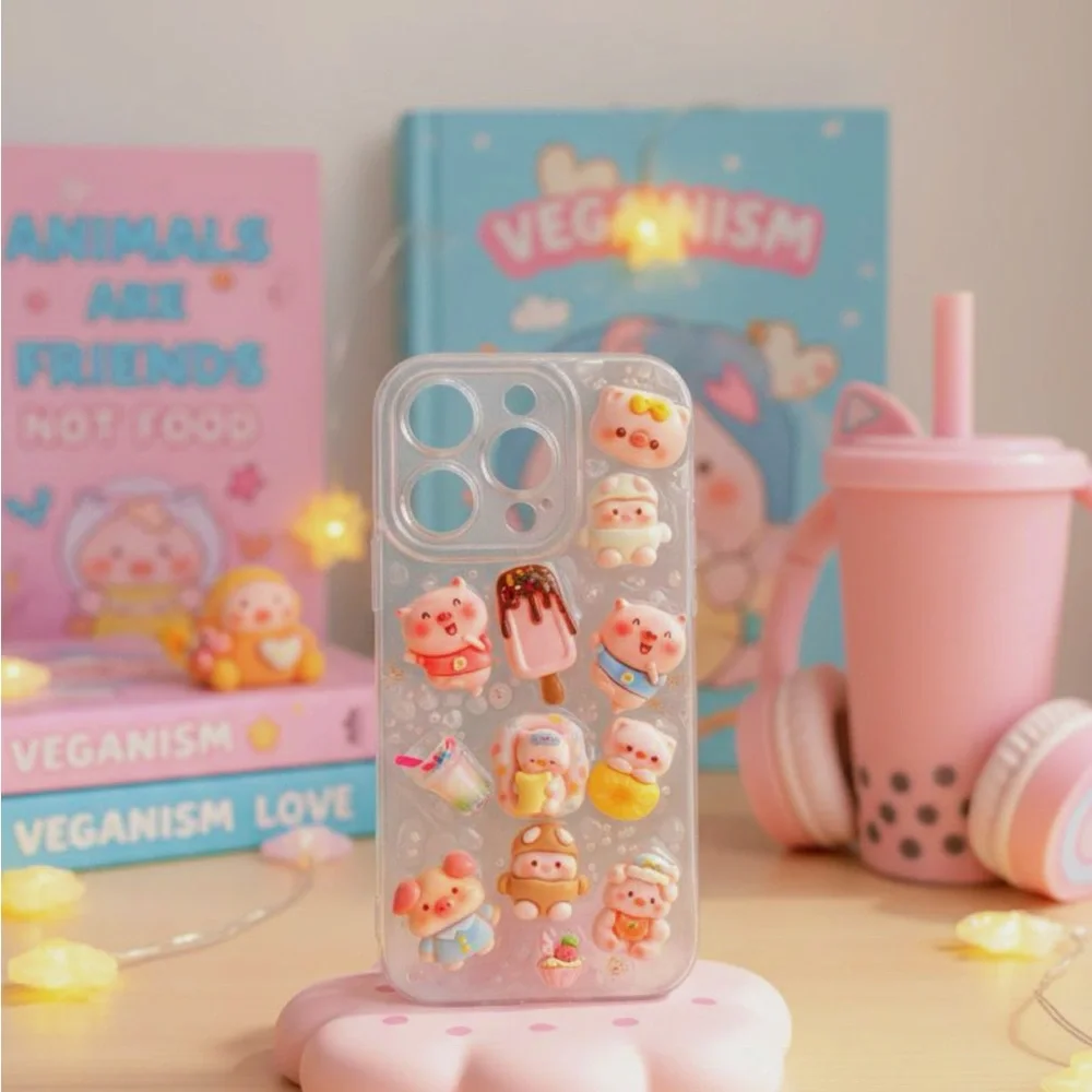 Cute Kawaii Pig 3D Decoden Clear Phone Case - Pink Accents Handmade